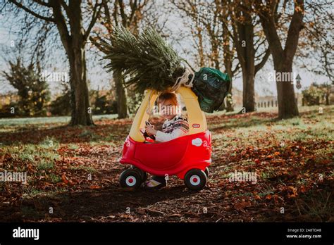 Child driving toy car with christmas tree on top Stock Photo - Alamy