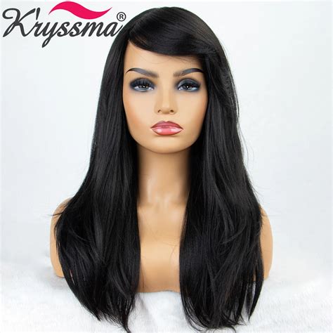 Kryssma Synthetic Wigs For Women Black Wigs With Bangs Long Straight Wigs Right Parting Cosplay