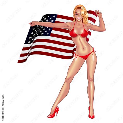 Beautiful Lady In Red Bikini With USA Flag Stock Vector Adobe Stock