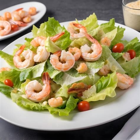 Premium Photo Delicious Caesar Salad With Shrimp On A White Plate