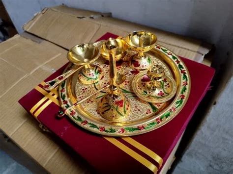 Brass Traditional German Silver Pooja Thali Set Silver Gold Pooja