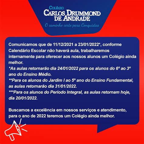 COMUNICADO SOBRE O CALENDÁRIO ESCOLAR CCDA Colégio Carlos Drummond