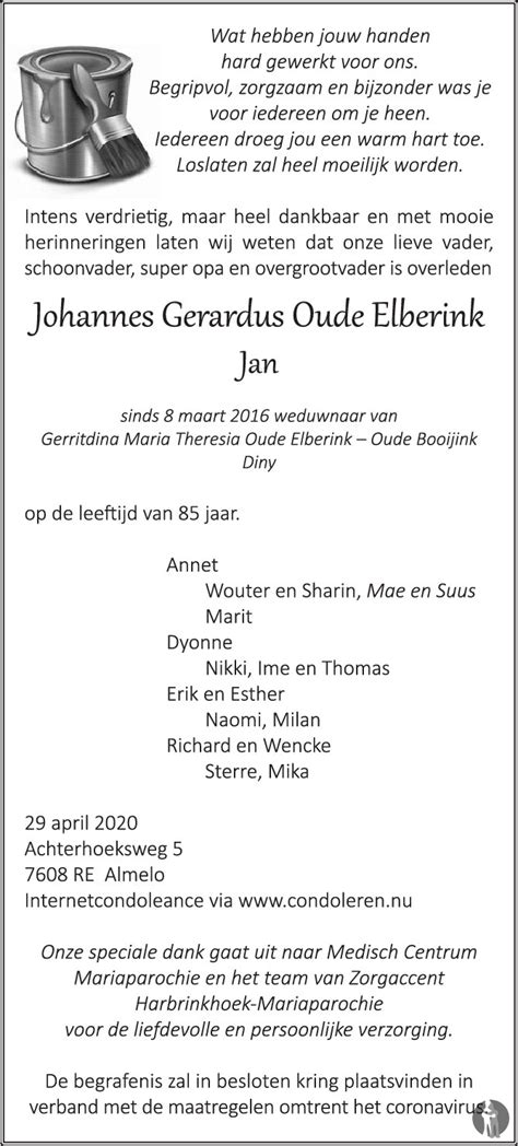 Johannes Gerardus Jan Oude Elberink Overlijdensbericht En