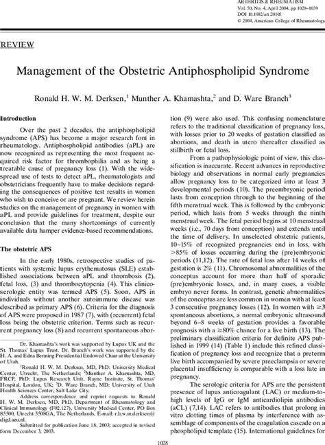 Management Of The Obstetric Antiphospholipid Syndrome Derksen 2004