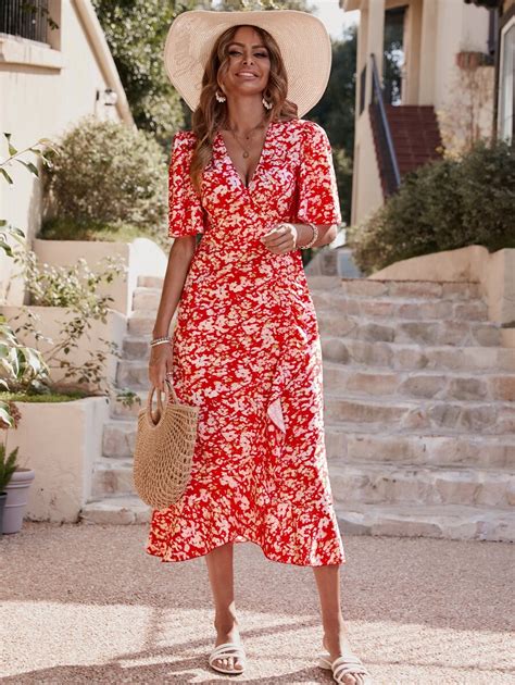 Allover Floral Print Butterfly Sleeve Surplice Neck Wrap Hem Dress