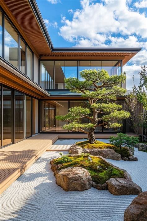 Modern Japanese House Inner Courtyard With Minimalist Deck And Laid