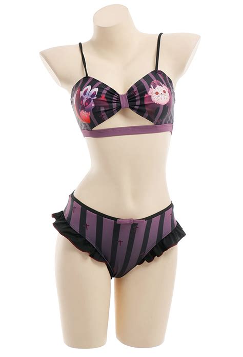 Women Ruffles Bikini Set Two Piece Swimsuits Black Purple Striped