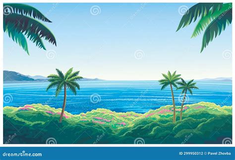 Summer Seascape With Palm Trees Jungle And Sea In The Distance Stock