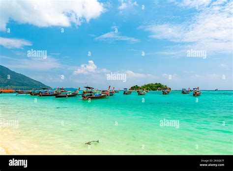 Long Tail Boats In Small Harbor At Ko Lipe Island South Thailand