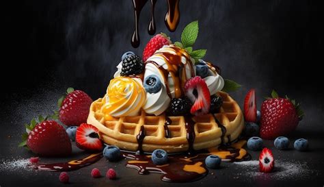 Premium Photo Delicious Belgian Waffles With Berries Fruits Whipped