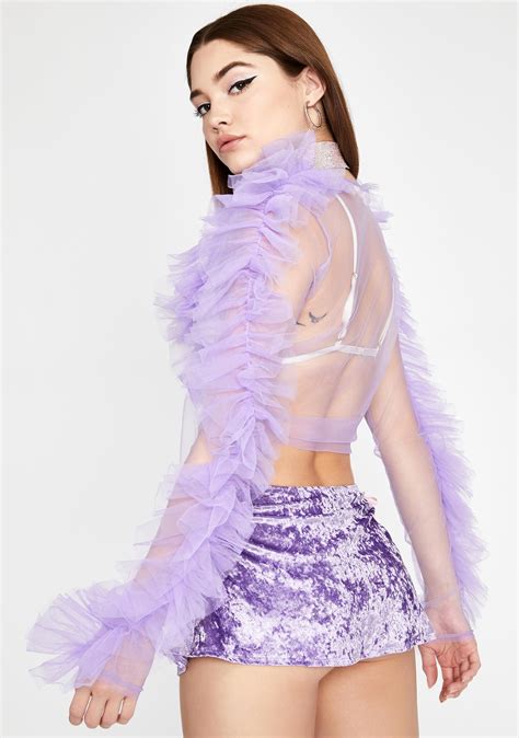 Purple Sheer Tulle Front Tie Long Sleeve Crop Top Dolls Kill