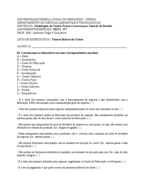 PDF Model Lista de Exercícios 01 Conceitos Básicos de Custos