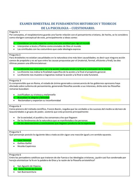 Examen Bimestral DE Fundamentos Historicos Y Teoricos DE LA Psicologia