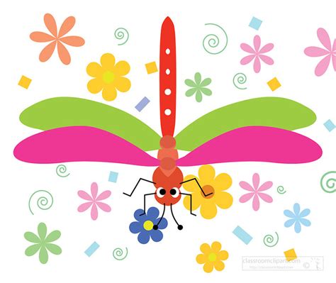 Insect Clipart Colorful Dragonfly Surrounded Spring Flowers Clipart