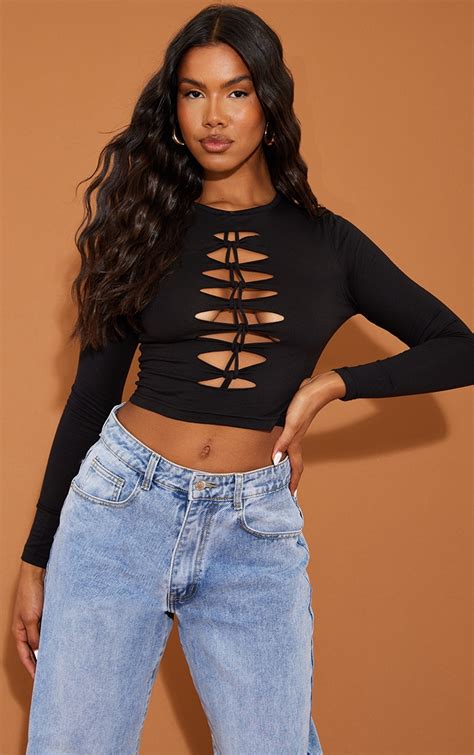 Black Jersey Slit Knot Front Crop Top Tops Prettylittlething