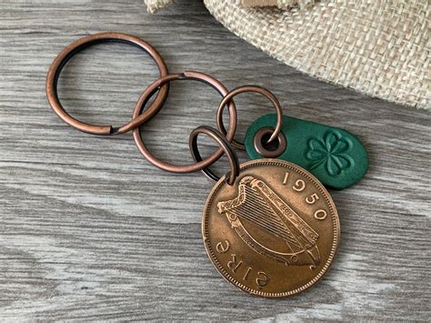 Irish Penny And Shamrock Keychain Keyring Or Clip Choose Coin Year