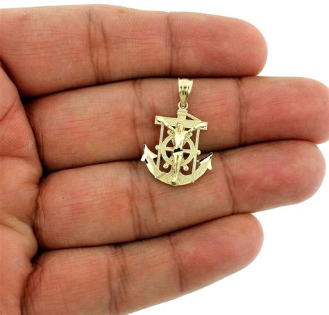 Real 10k Yellow Gold Anchor Cross Pendant Diamond Cut Jesus Crucifix