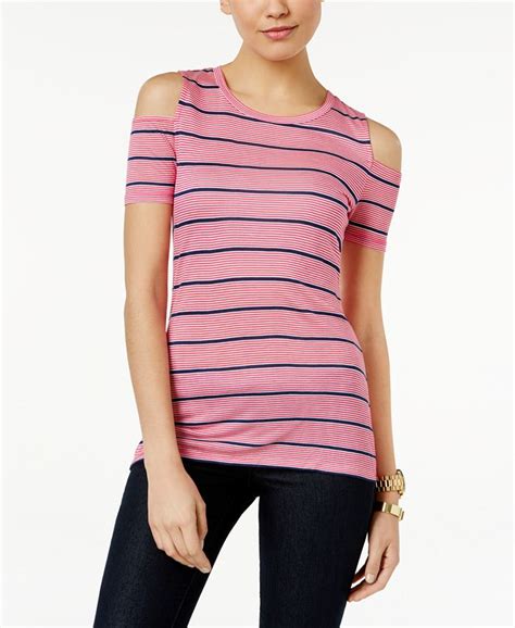 Michael Kors Striped Cold Shoulder T Shirt Macys