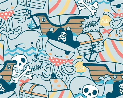 Seamless Pattern Vector Of Pirate Sailing Cartoon Elements With Octopus