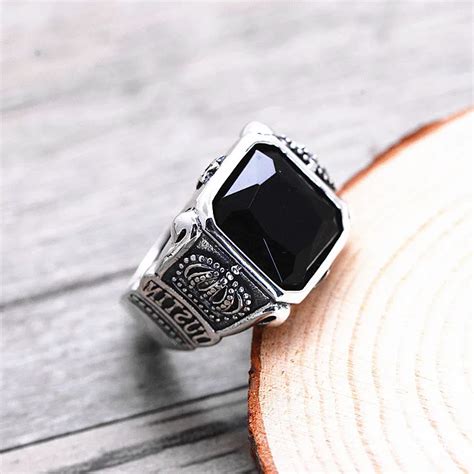 Luxury Men Jewelry Black Obsidian Ring Vintage Pure 925 Sterling Silver