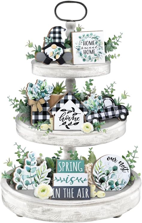 Amazon 11 Pieces Tiered Tray Decor Set Rustic Farmhouse Wood Sign