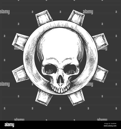 Human Skull With Mechanical Gear Emblem On Black Background Vector