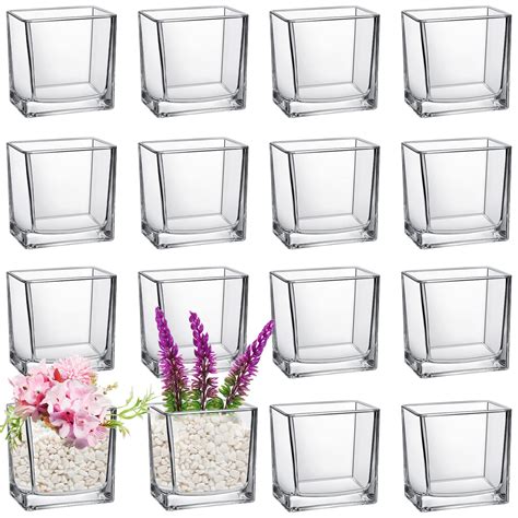 16 Pieces Clear Square Glass Vase For Centerpieces Set Glass Cube Square Candle Holders Glass