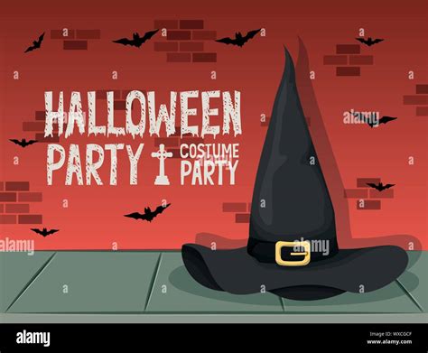 Halloween Celebration Card With Witch Hat And Bats Stock Vector Image