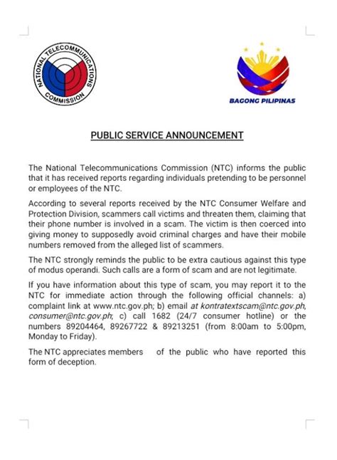 NTC Pinag Iingat Ang Publiko Laban Sa Mga Nagpapanggap Na Empleyado Ng