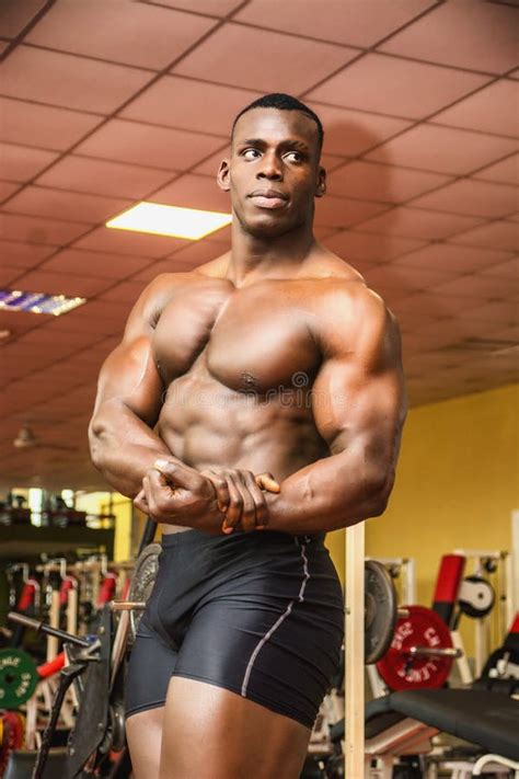 Handsome Black Male Bodybuilder Posing In Gym Stock Image Image Of