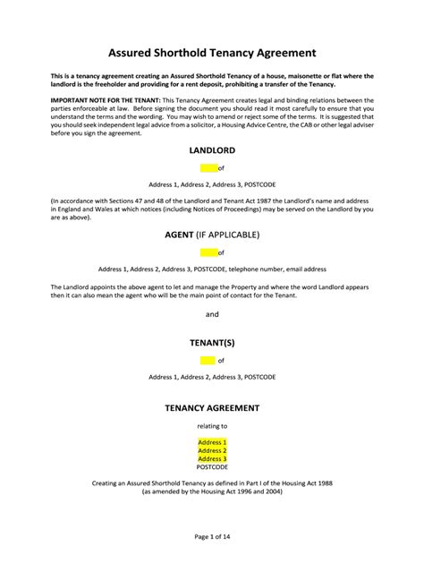 Fillable Online Tenancy Agreement Assured Shorthold Tenancy Form