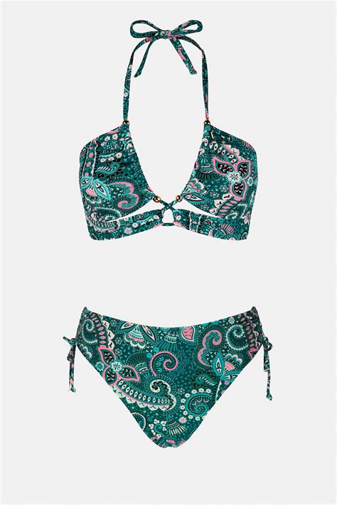Spring Paisley Cutout Halter Ruched Drawstring Bikini Set