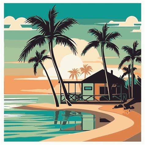 Premium Vector | A poster for a beach house with palm trees on the beach.