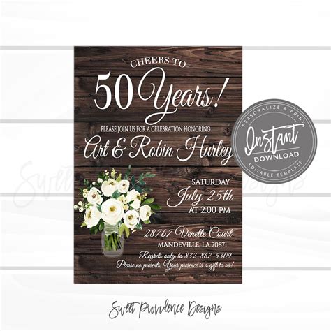 50th Anniversary Invitation, Anniversary Party Invitation, DIY Rustic ...