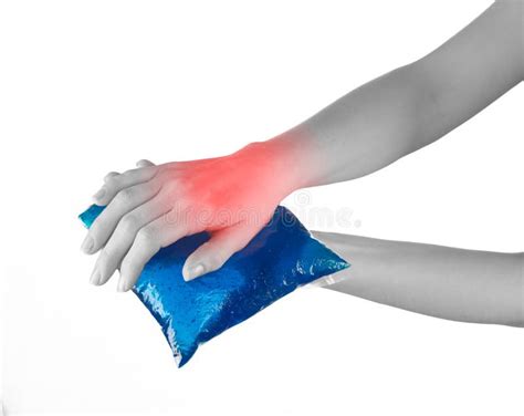 Ice Gel Pack on a Swollen Hurting Wrist. Stock Image - Image of ...