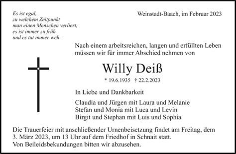 Traueranzeigen von Willy Deiß ZVW Trauer