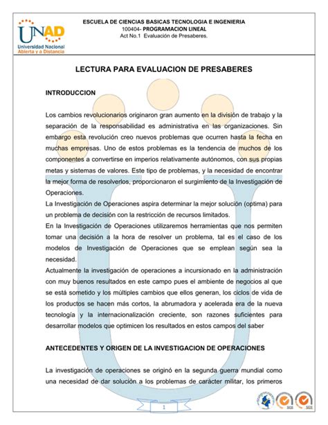 Lectura Para Evaluacion De Presaberes