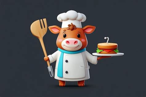 3d Cute Cow Chef Cooking Steak Meat Cartoon Premium Ai Generated Image