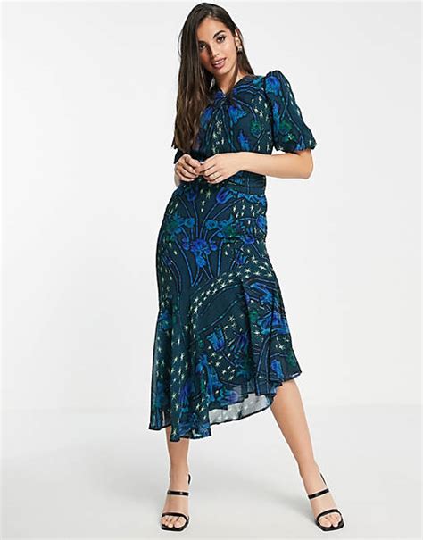 Hope And Ivy Puff Sleeve Tea Midi Dress In Cobalt Star Print Asos