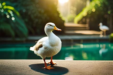 Un Pato Blanco Se Sienta En Una Repisa Frente A Una Piscina Foto Premium