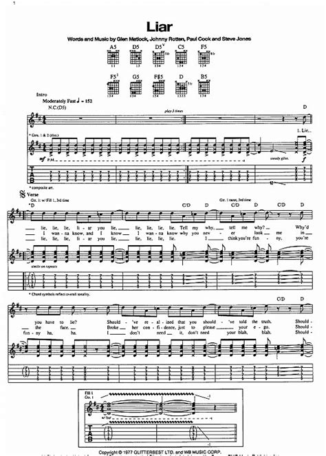 Liar Gitarre Tab Pdf Noten Von The Sex Pistols In D Dur Fbd