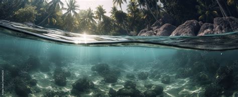 Tropical Island And Coral Reef Split View With Waterline Beautiful