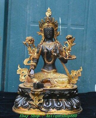 Old Bronze Gilt Gems Green Tara Mahayana Buddhism Enlightenment