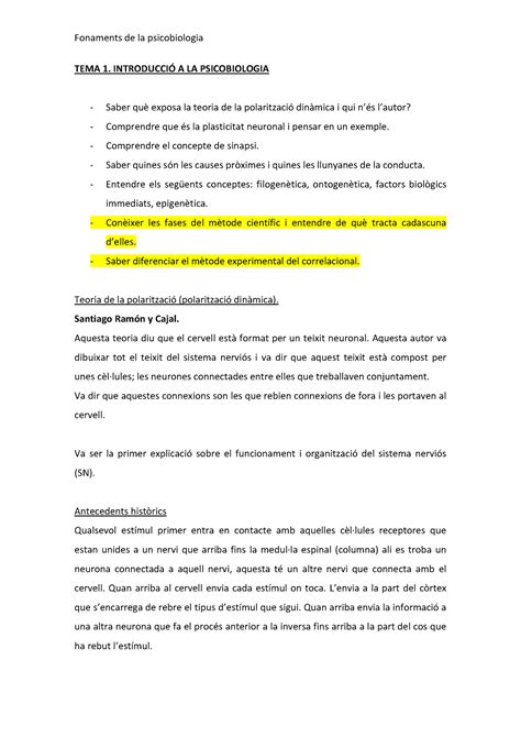 Tema Resum Examen Fonaments De La Psicobiologia Tema