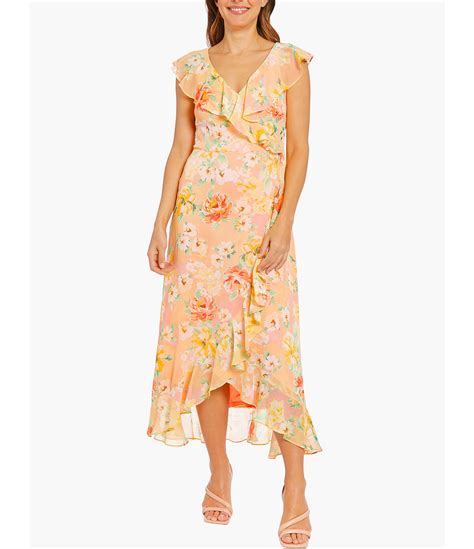 London Times Floral Print V Neck Sleeveless Ruffled Faux Wrap Midi