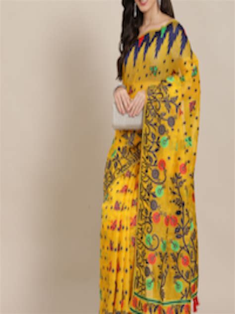 Buy Silk Land Yellow And Black Floral Pure Cotton Jamdani Saree Sarees