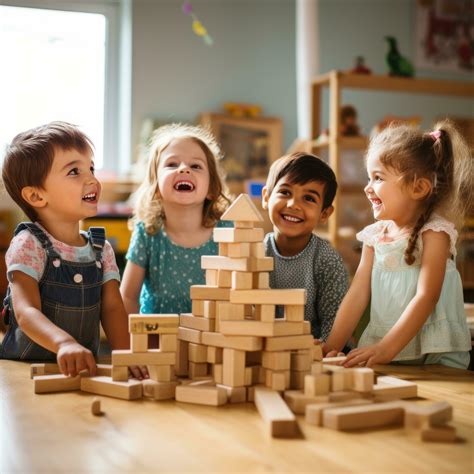 A group of children playing together and building with wooden blocks