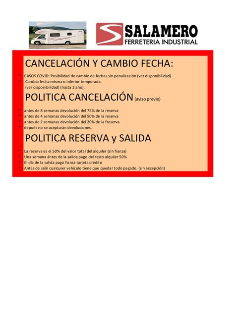 POLITICA DE RESERVAS Y CANCELACIONES Caravaning Salamero Alquiler