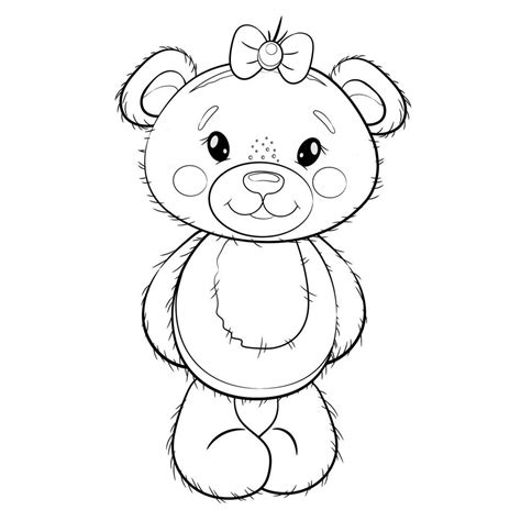 Cute Cartoon Teddy Bear Girl With A Bow Vector Outline Illustration