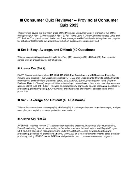 Consumer Quiz Reviewer: Provincial Consumer Quiz 2025 Guide - Studocu